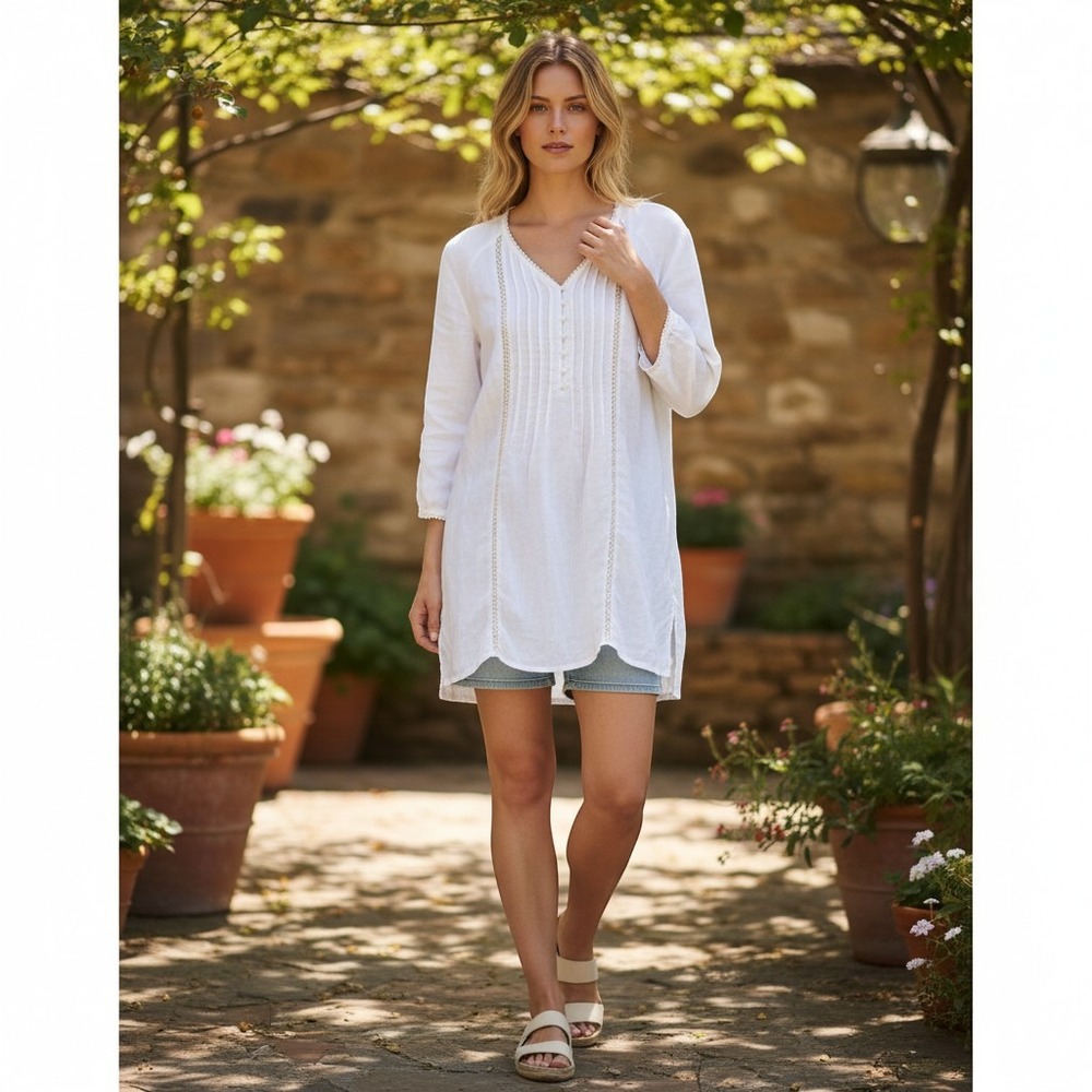 Malvin Tunic Top Women M White 100% Linen Crochet Lace Trim Pintuck Boho‎